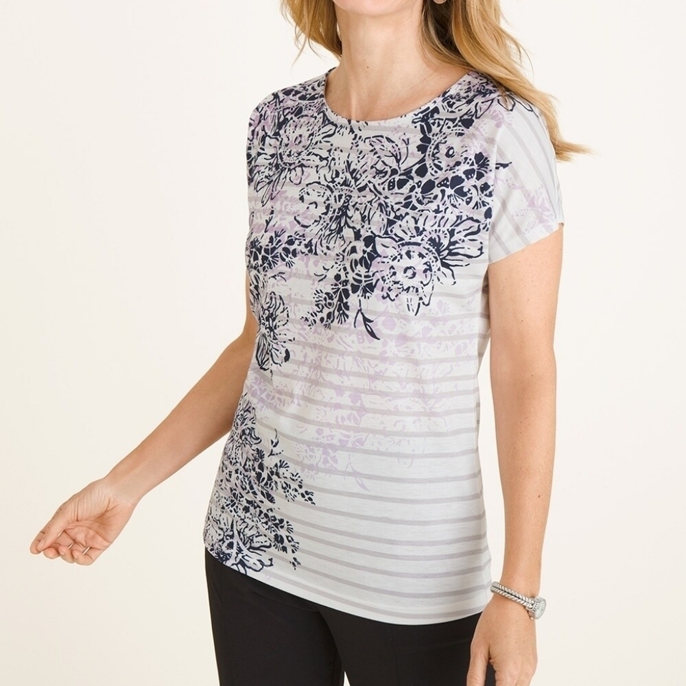 Chico’s Zenergy Floral Stripes Pullover‎ Short Sleeve Tee Shirt Sz 0